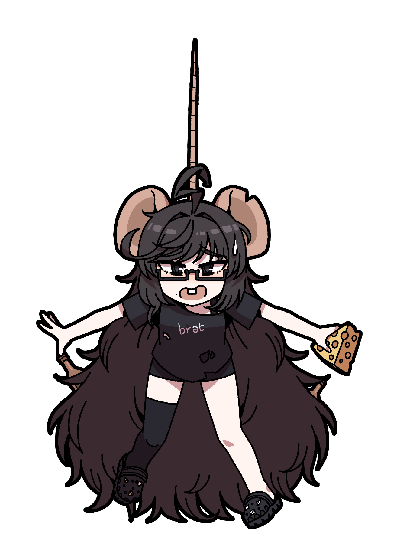 Illustration of Riri holding a piece of cheese with arms outstretched